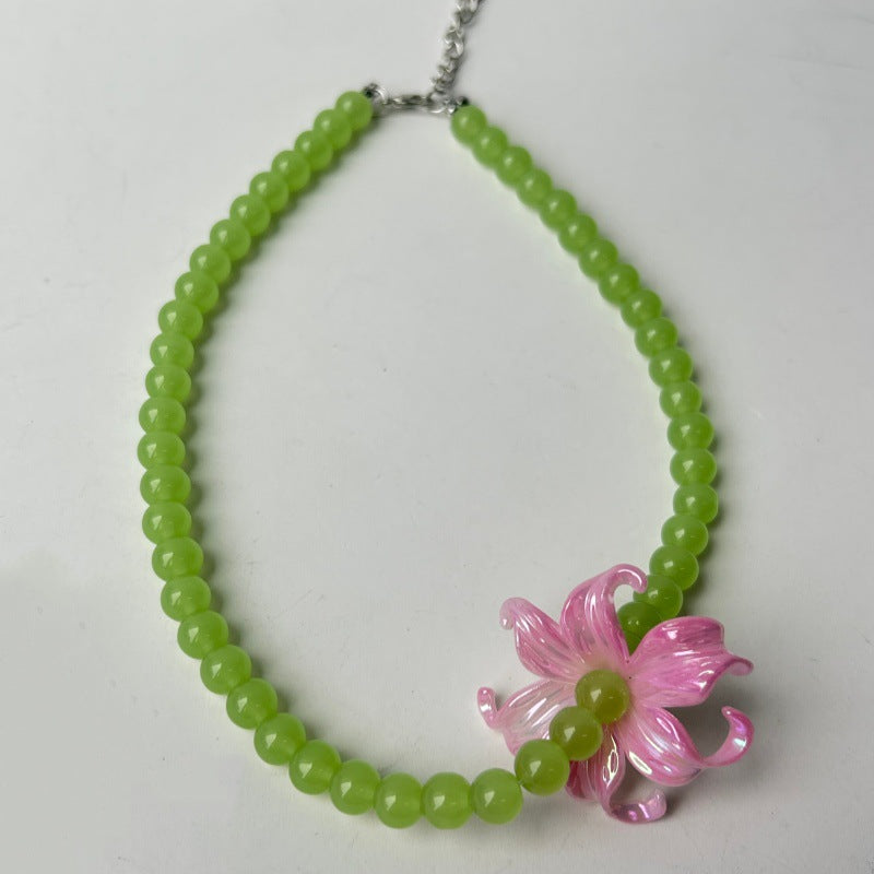 Ombre Acrylic Beaded Chain Necklace With Marine Style Flowers Beading For Women