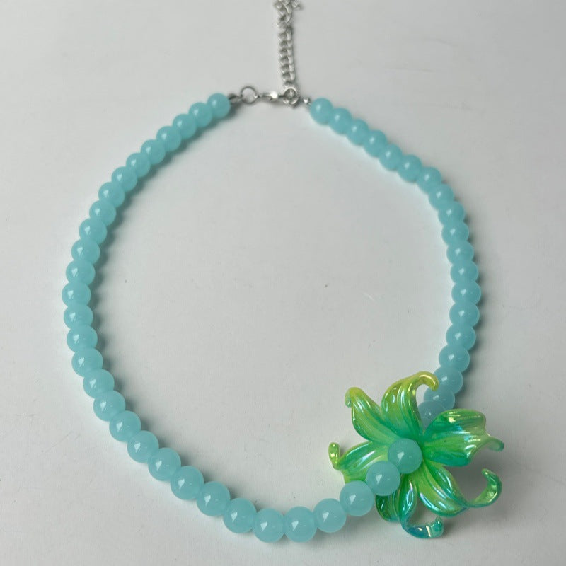 Ombre Acrylic Beaded Chain Necklace With Marine Style Flowers Beading For Women