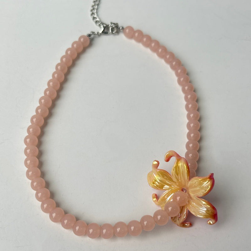 Ombre Acrylic Beaded Chain Necklace With Marine Style Flowers Beading For Women