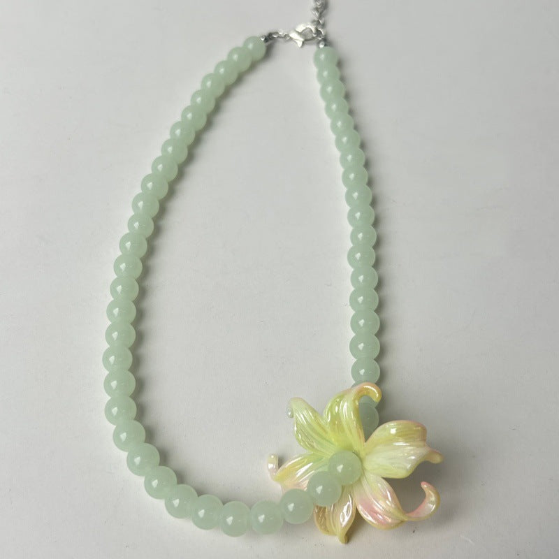 Ombre Acrylic Beaded Chain Necklace With Marine Style Flowers Beading For Women