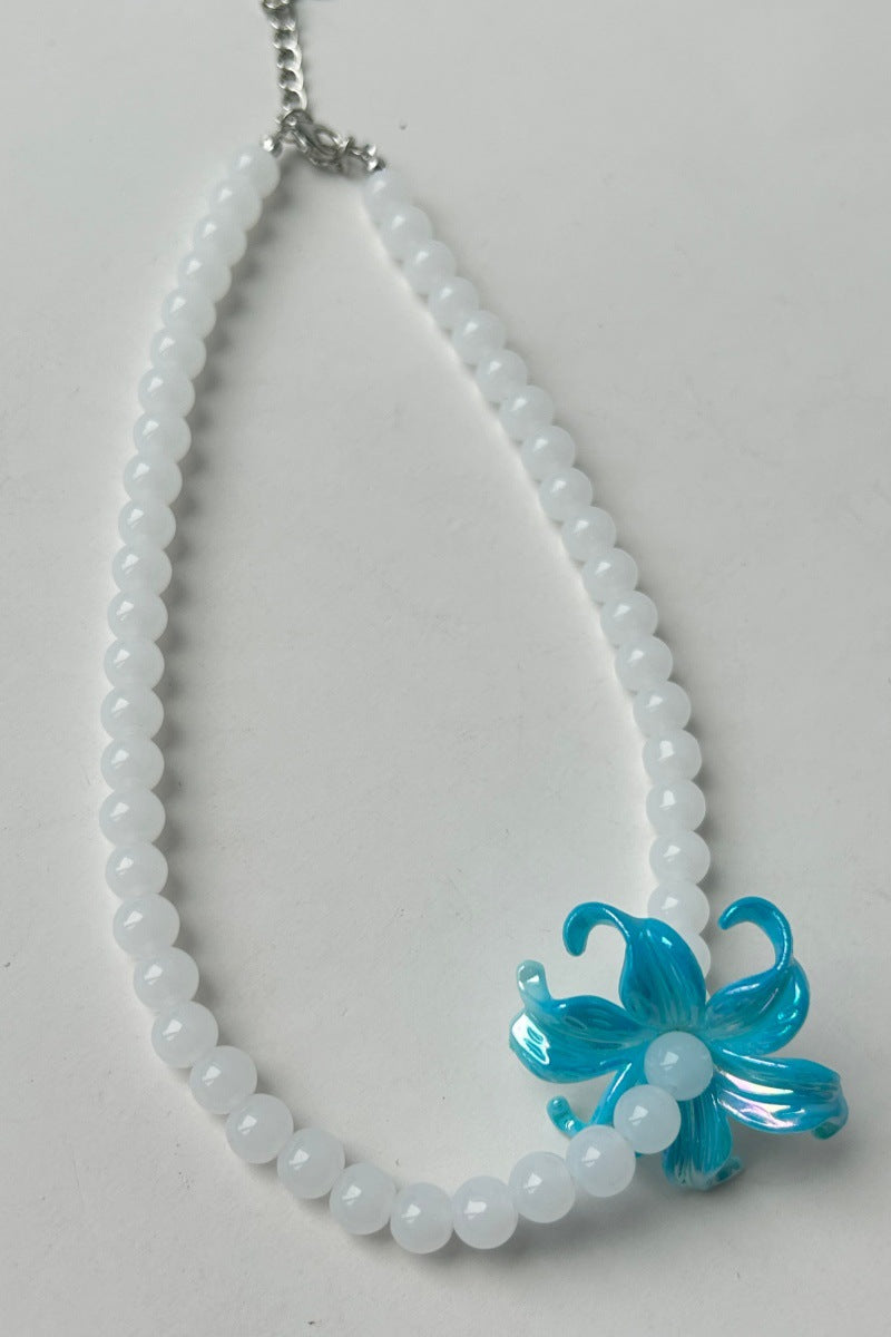Ombre Acrylic Beaded Chain Necklace With Marine Style Flowers Beading For Women