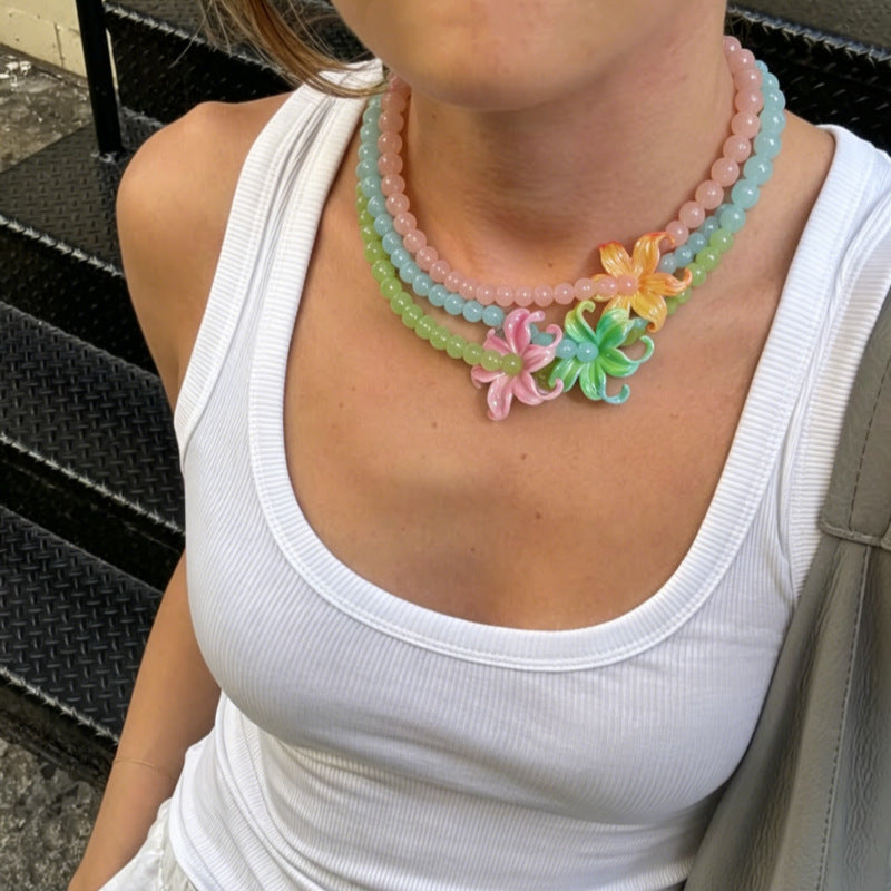 Ombre Acrylic Beaded Chain Necklace With Marine Style Flowers Beading For Women
