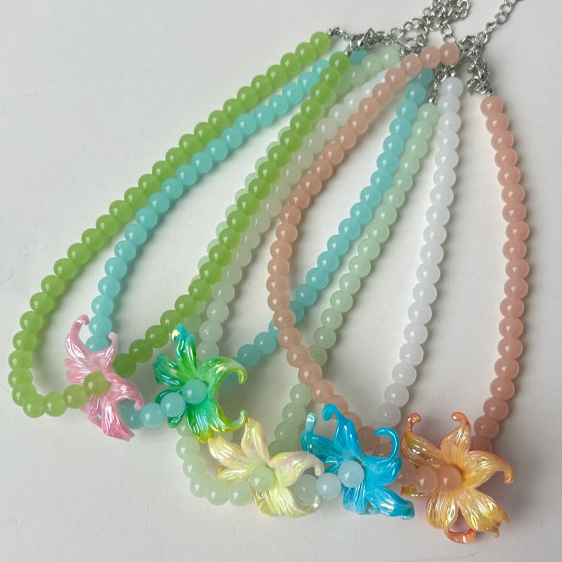 Ombre Acrylic Beaded Chain Necklace With Marine Style Flowers Beading For Women
