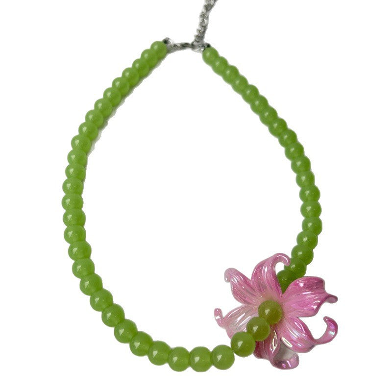 Ombre Acrylic Beaded Chain Necklace With Marine Style Flowers Beading For Women