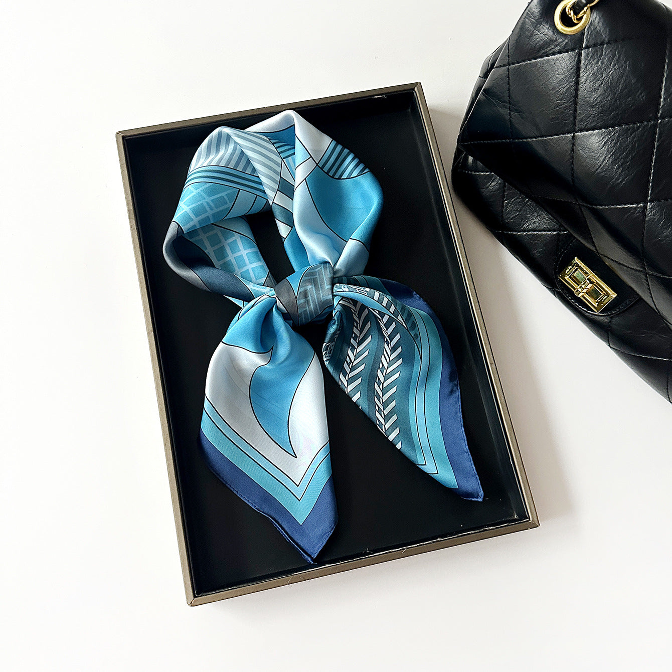 Geometric Silk Scarf For Commute In Blue, Made Of Polyester, Perfect For Spring Season