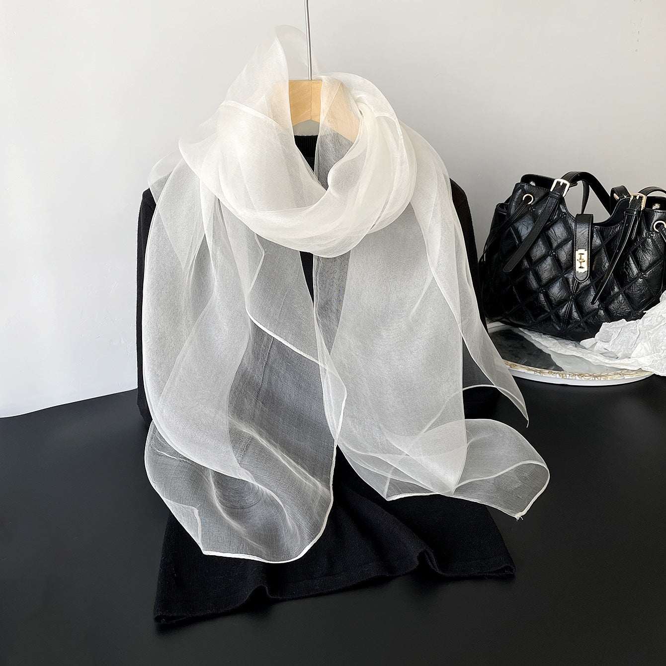 Elegant Solid Color  Silk Scarf For Women In White, Perfect For Spring Season