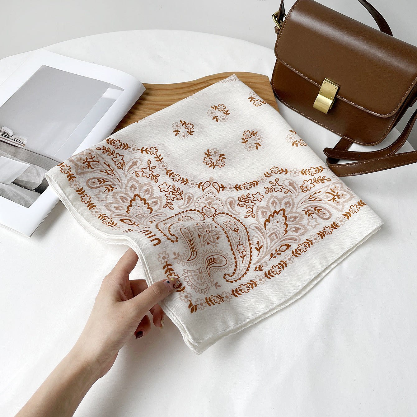 Cashew Nuts Cotton And Linen Bandanas In Coffer Color For Autumn Commute, Silk Scarf