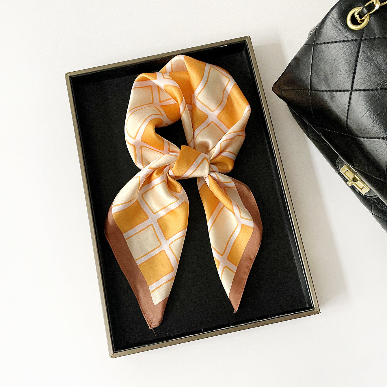 French Style Plaid Satin Silk Scarf For Women In Yellow, Perfect For Summer