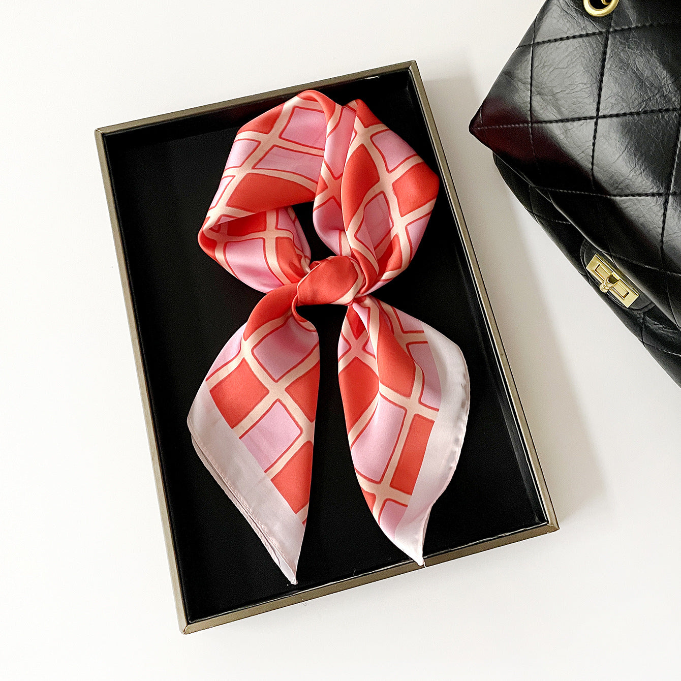French Style Plaid Satin Silk Scarf For Women In Yellow, Perfect For Summer