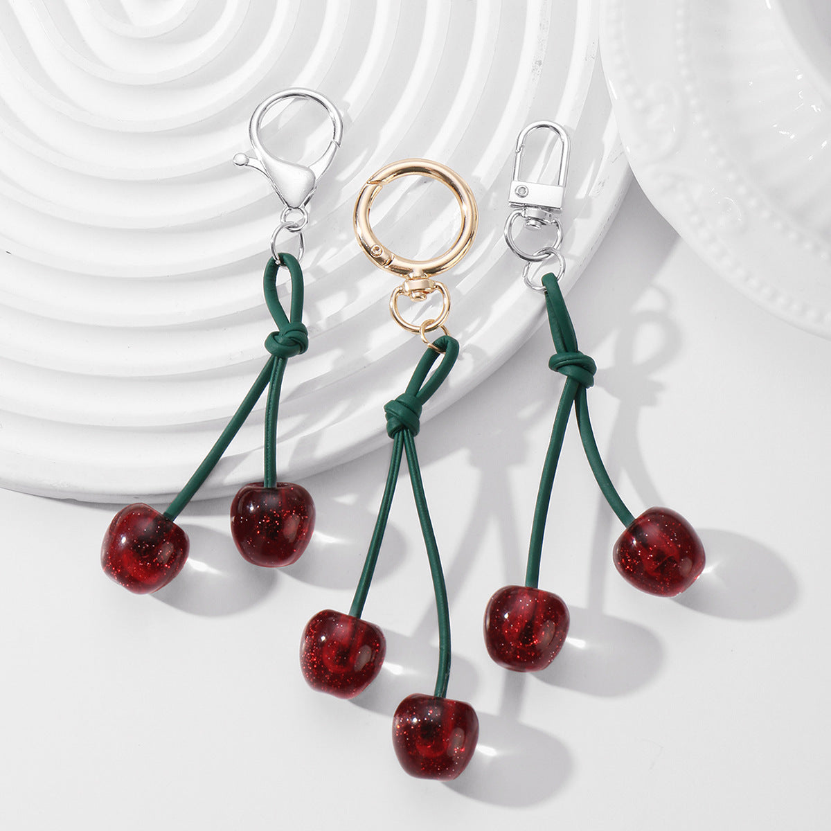 Green Cherry Key Chain Made Of Durable Alloy With Resin Inlay, Stylish And Unique Accessory