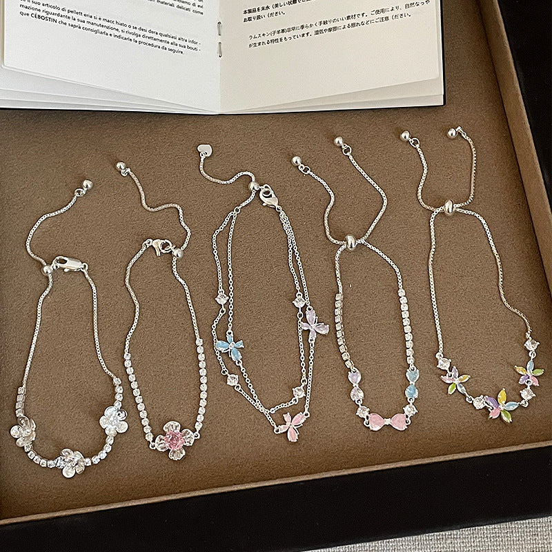 Butterfly Drawstring Bracelet For Women With Rope Chain And Rhinestone Pendant In Sweet Style