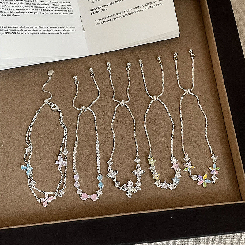 Butterfly Drawstring Bracelet For Women With Rope Chain And Rhinestone Pendant In Sweet Style