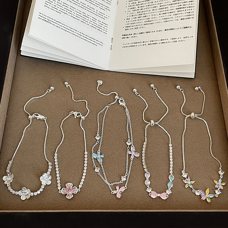 Butterfly Drawstring Bracelet For Women With Rope Chain And Rhinestone Pendant In Sweet Style