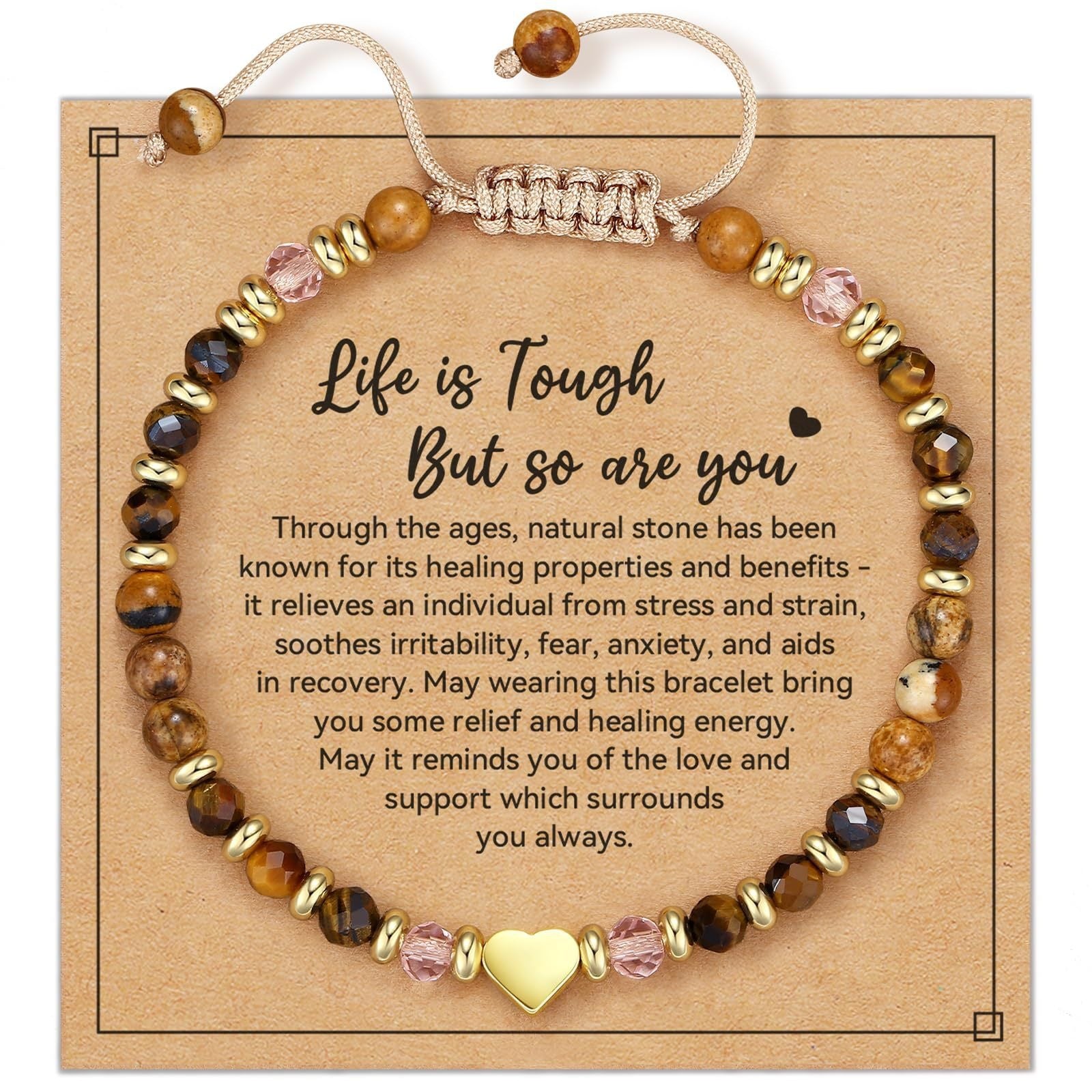 Heart Shape Natural Stone Bracelets For Women Featuring Faceted Picture Jasper Stone Pendants In Simple Style