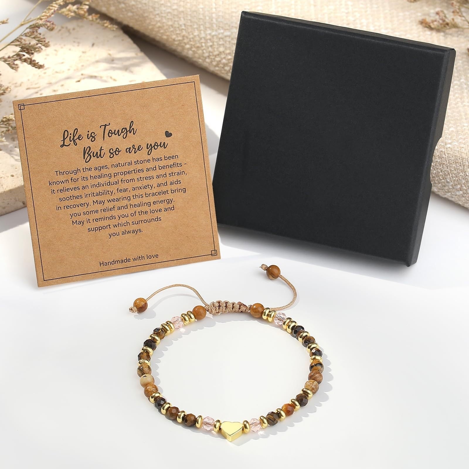 Heart Shape Natural Stone Bracelets For Women Featuring Faceted Picture Jasper Stone Pendants In Simple Style