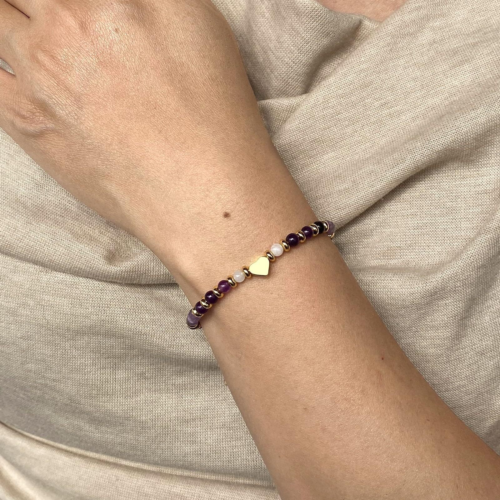 Heart Shape Natural Stone Bracelets For Women Featuring Faceted Picture Jasper Stone Pendants In Simple Style
