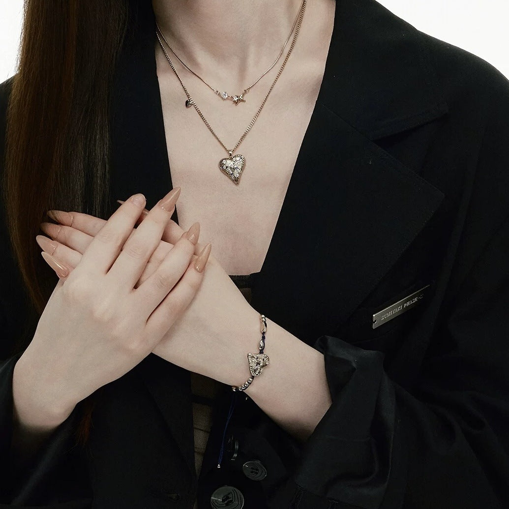 Heart Shape Brushed Copper Bracelet For Women With Golden Plated Finish And Rhinestone Inlay Featuring Slider Chain