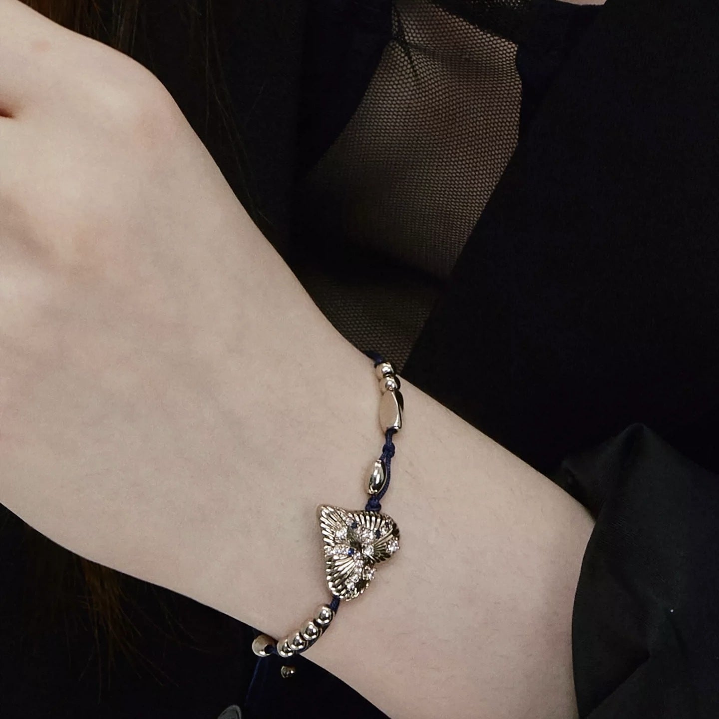 Heart Shape Brushed Copper Bracelet For Women With Golden Plated Finish And Rhinestone Inlay Featuring Slider Chain