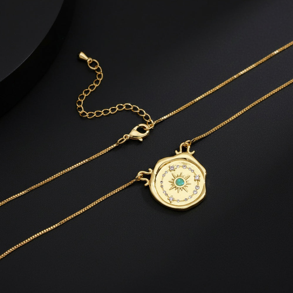 Geometric Necklace With Inlaid Zircon In IG Style, Electroplated Copper Featuring 18K Real Gold Plated Box Chain