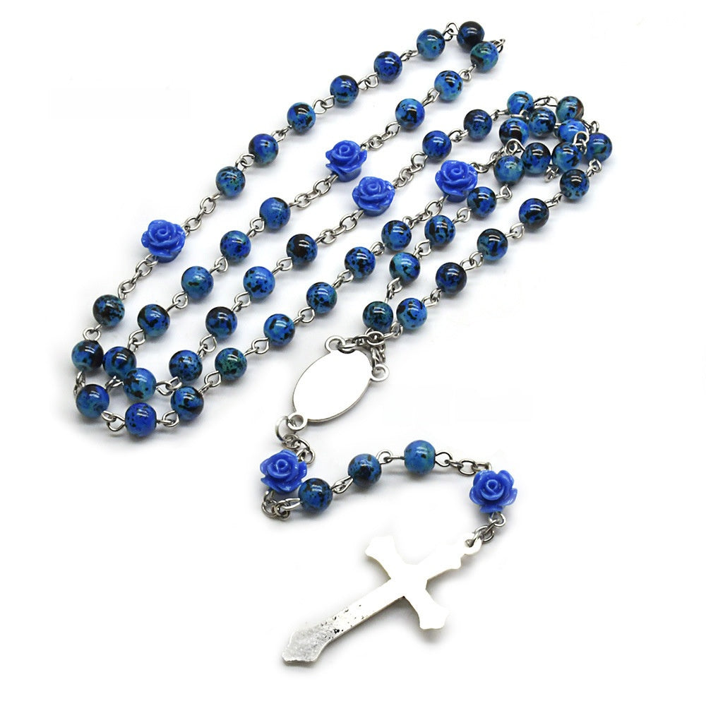 Handmade Royal Blue Rose Rosary With Glass Beaded Chain And Zinc Alloy Pendant, Unisex Necklace