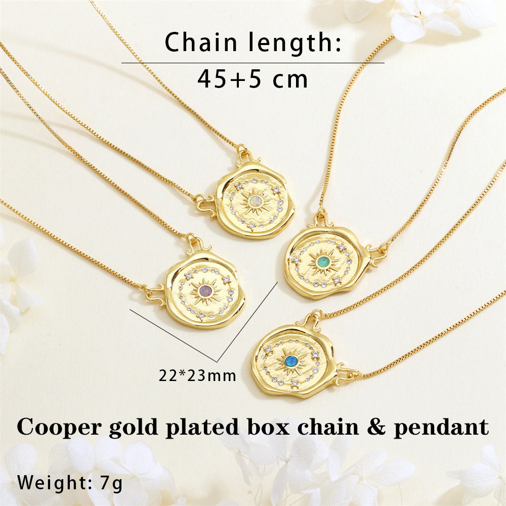 Geometric Necklace With Inlaid Zircon In IG Style, Electroplated Copper Featuring 18K Real Gold Plated Box Chain