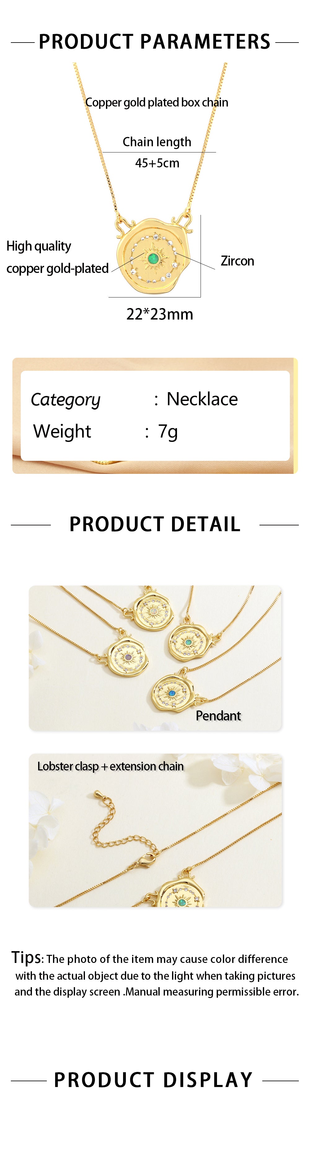 Geometric Necklace With Inlaid Zircon In IG Style, Electroplated Copper Featuring 18K Real Gold Plated Box Chain