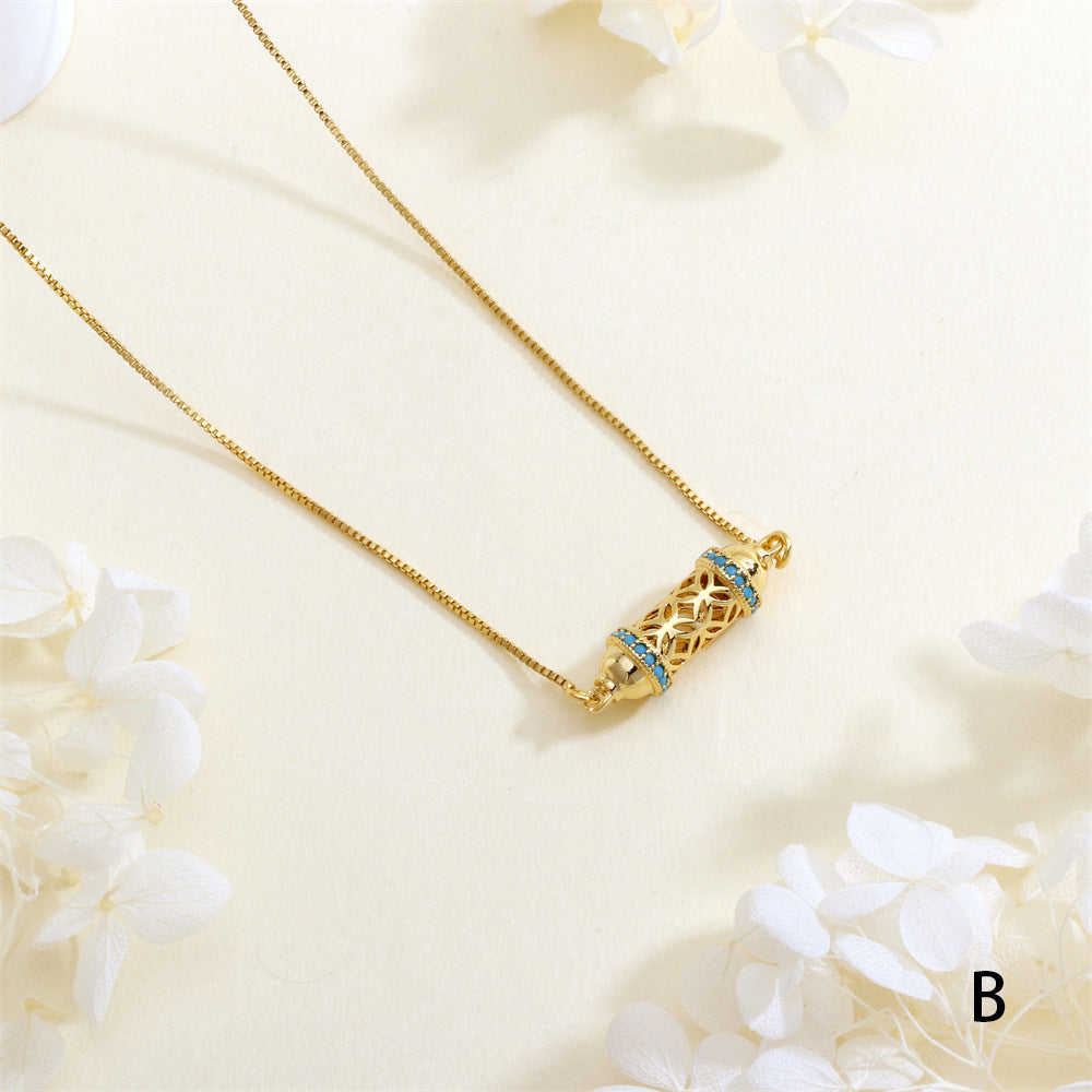 IG Style Geometric Necklace With Inlaid Zircon, Electroplated Copper Featuring 18K Real Gold Plated Box Chain