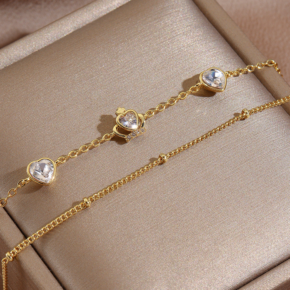 Crown Bracelet For Women In Copper With Electroplated Gold Plating And Rhinestone Inlay, Featuring Stretch Adjustable Clasp
