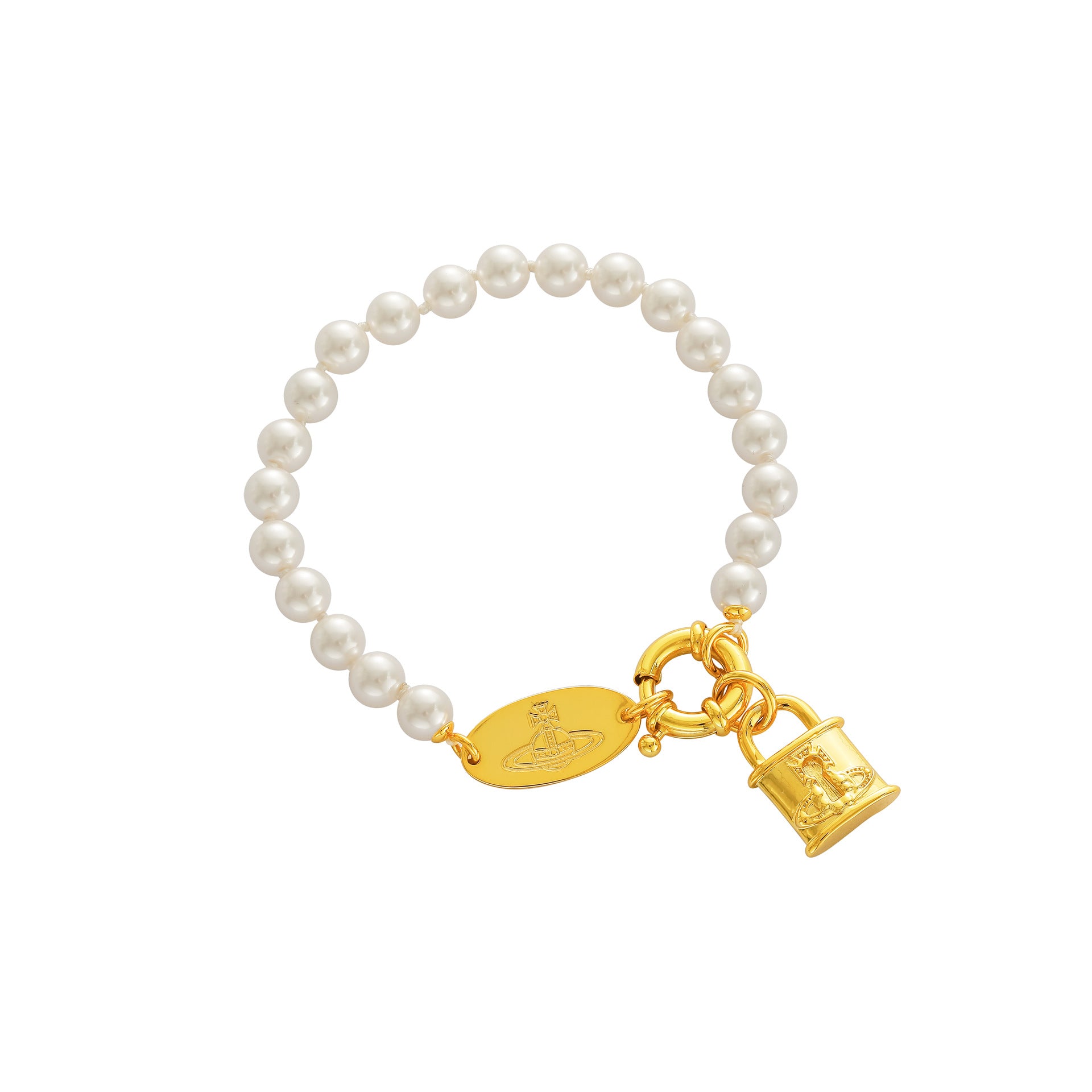 Handmade Brass Lock Bracelet For Women With Glass Pendant And Imitation Pearl Inlay
