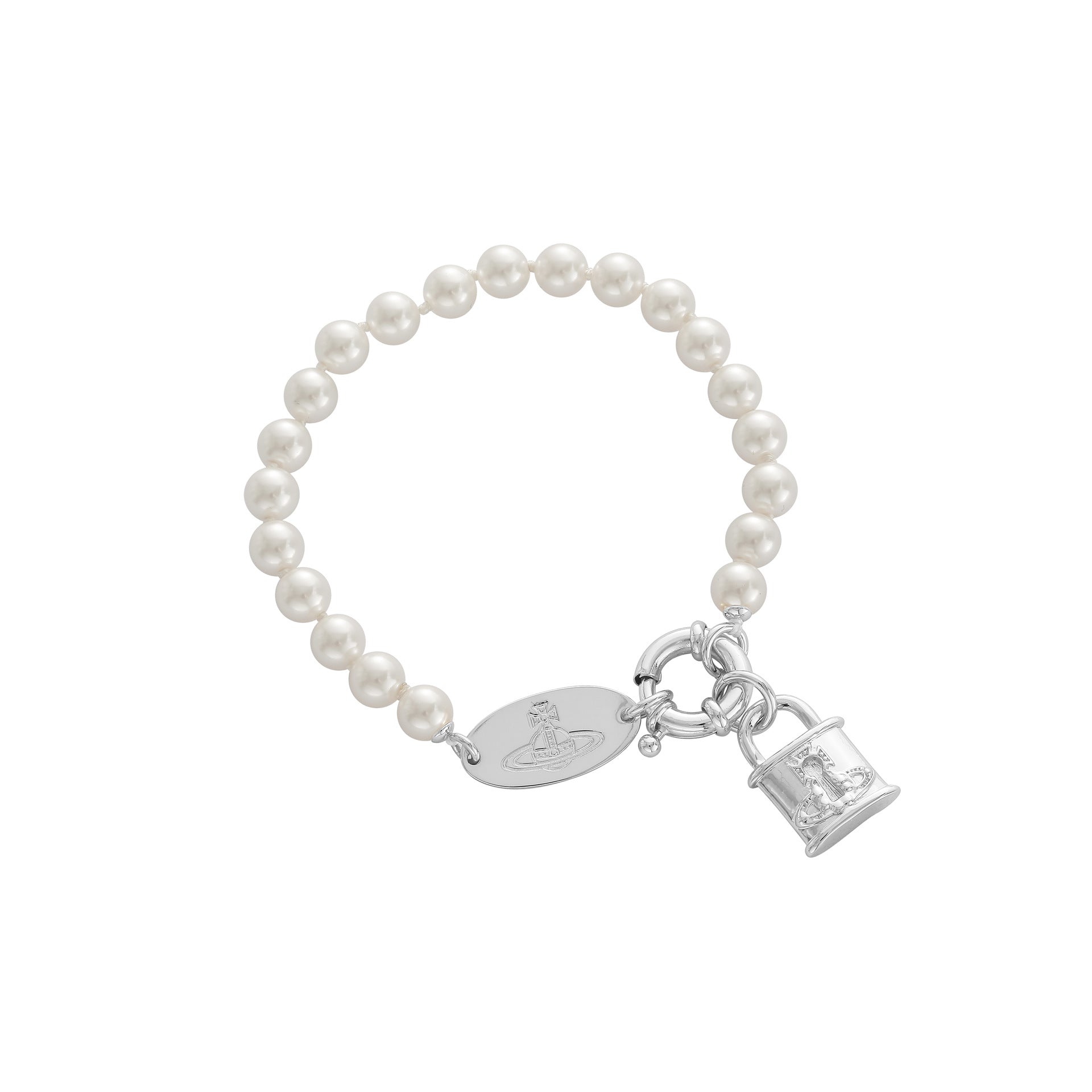 Handmade Brass Lock Bracelet For Women With Glass Pendant And Imitation Pearl Inlay