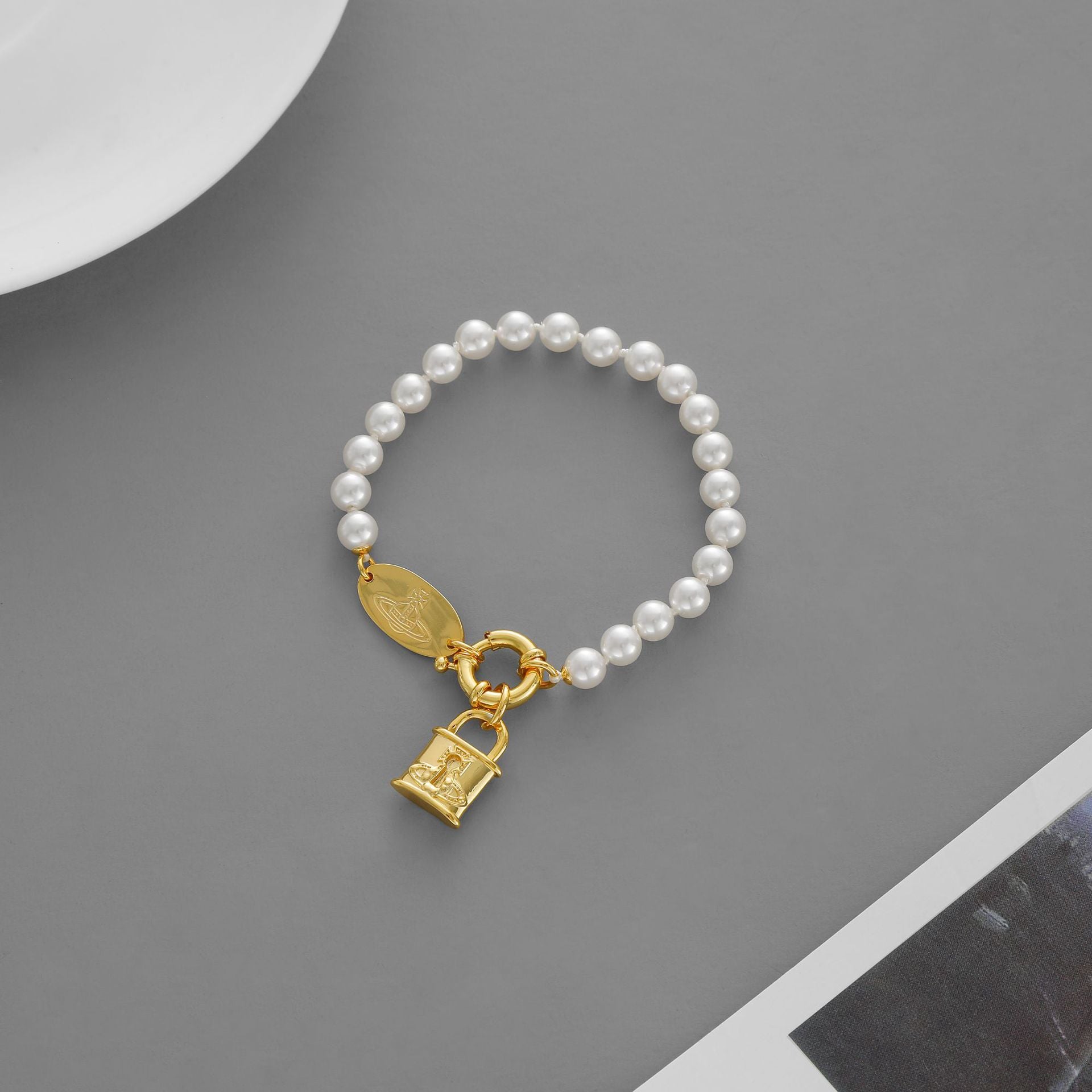 Handmade Brass Lock Bracelet For Women With Glass Pendant And Imitation Pearl Inlay
