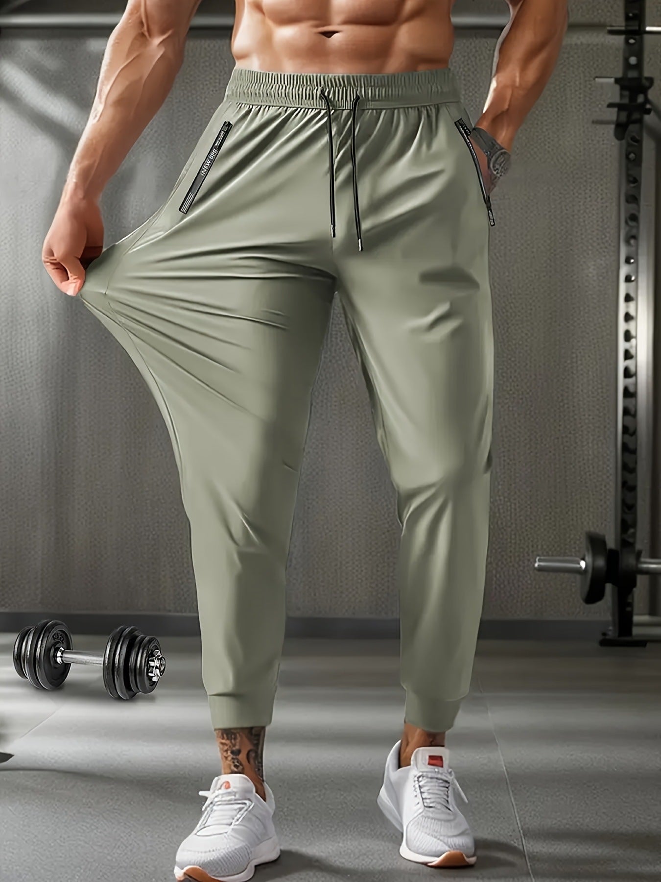 Men's Solid Color Full Length Jogging Pants In Nylon Fabric With Zipper Detail For Sport Style