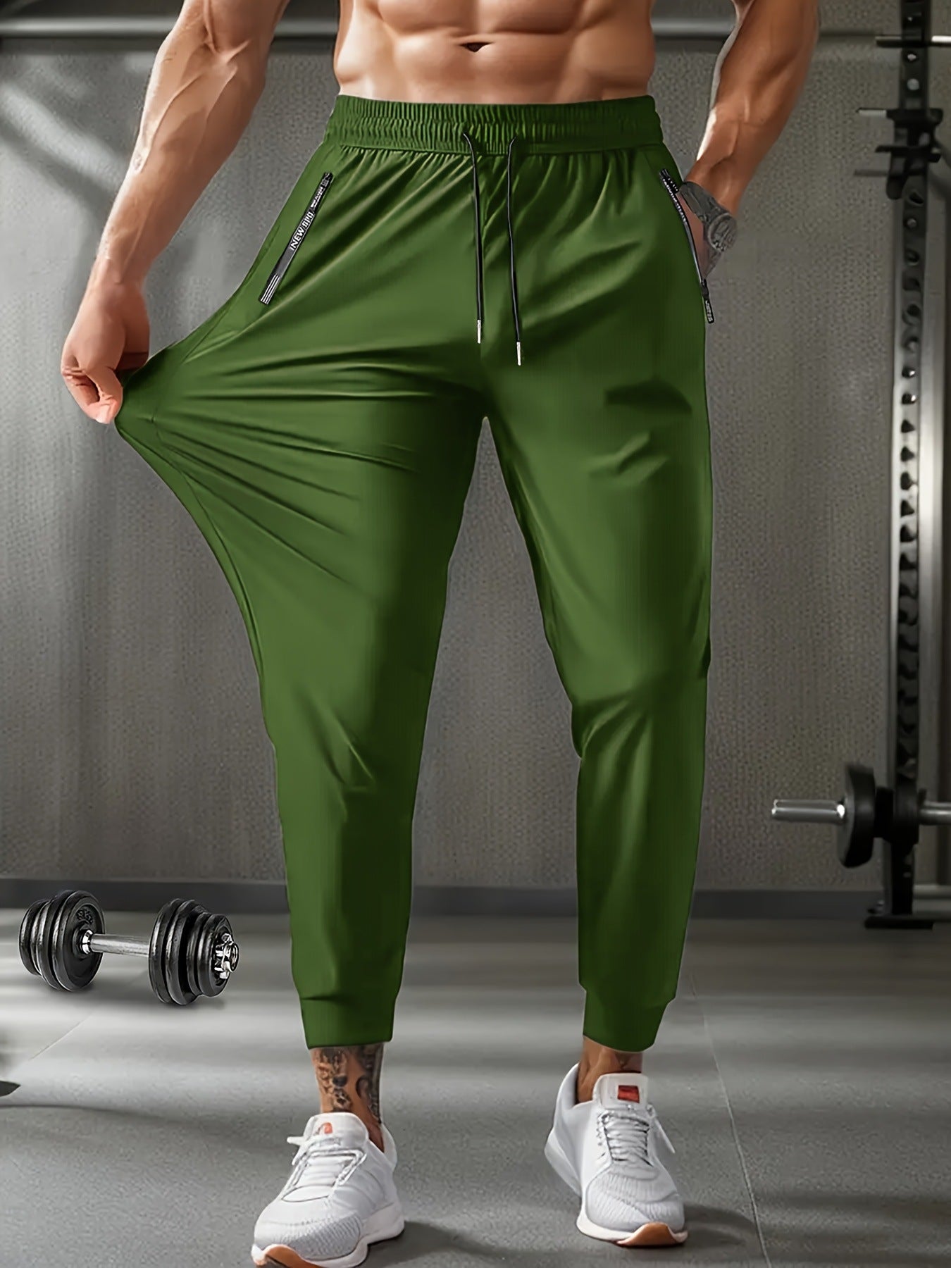 Men's Solid Color Full Length Jogging Pants In Nylon Fabric With Zipper Detail For Sport Style