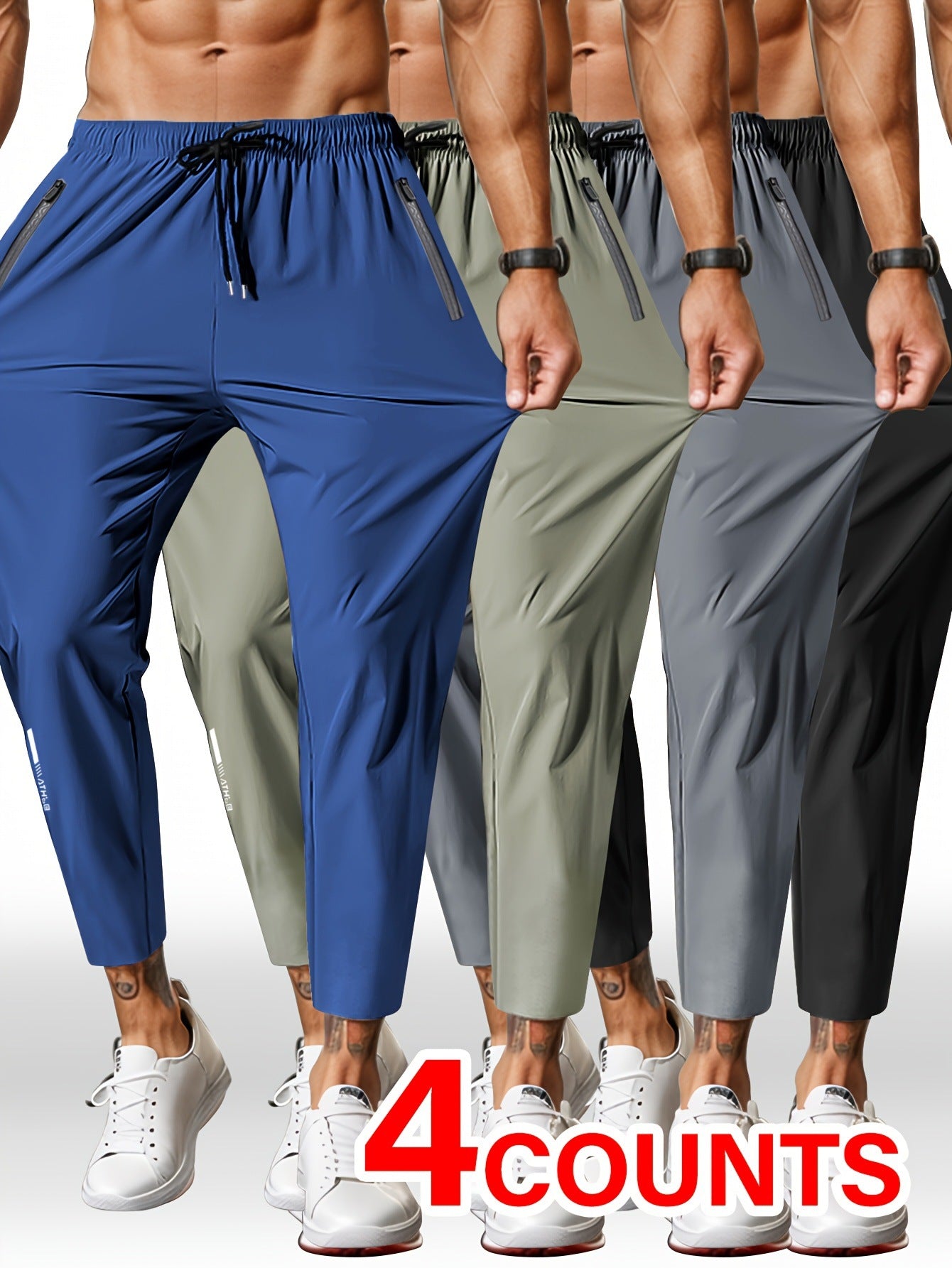 Men's Solid Color Full Length Jogging Pants In Nylon Fabric With Zipper Detail For Sport Style