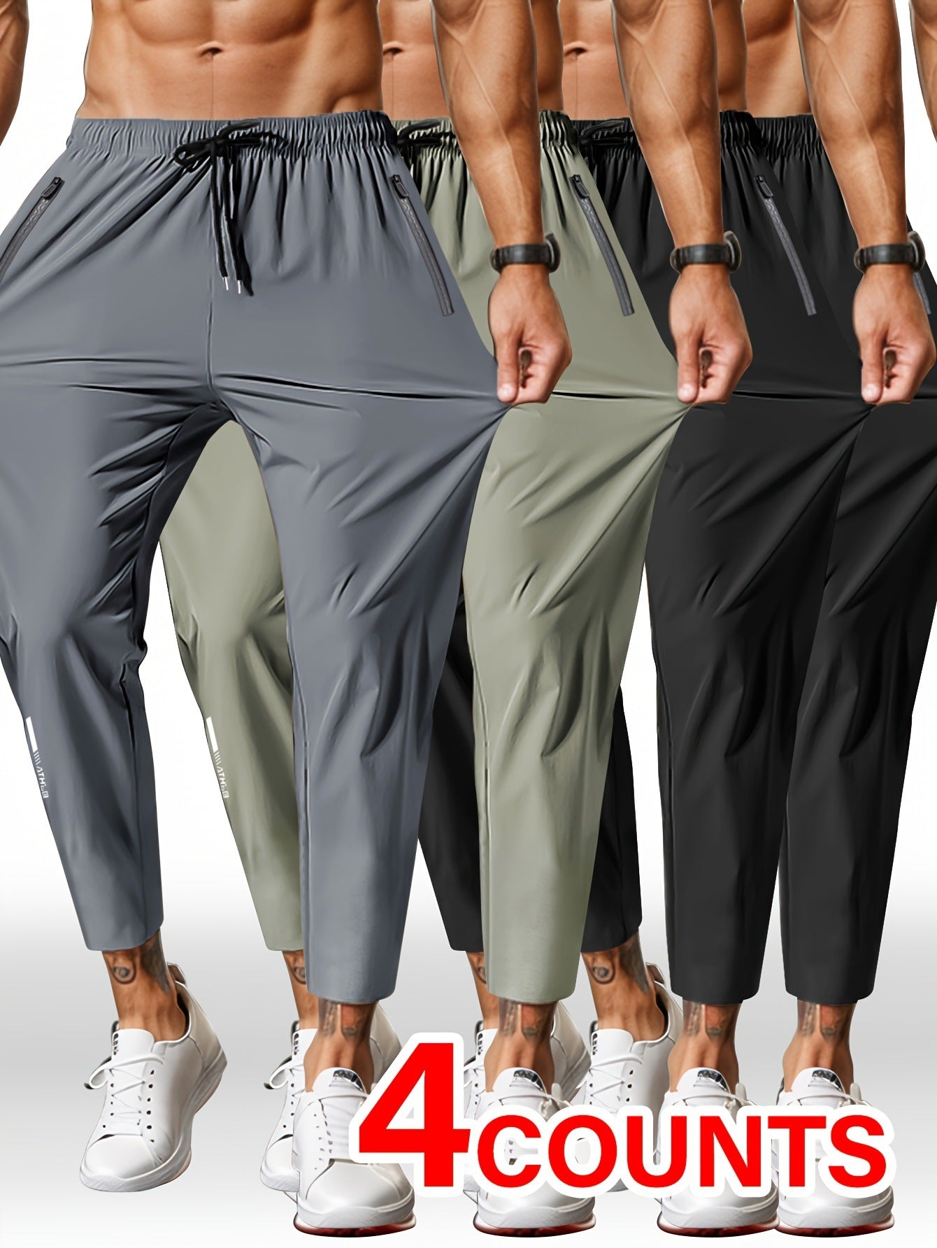 Men's Solid Color Full Length Jogging Pants In Nylon Fabric With Zipper Detail For Sport Style