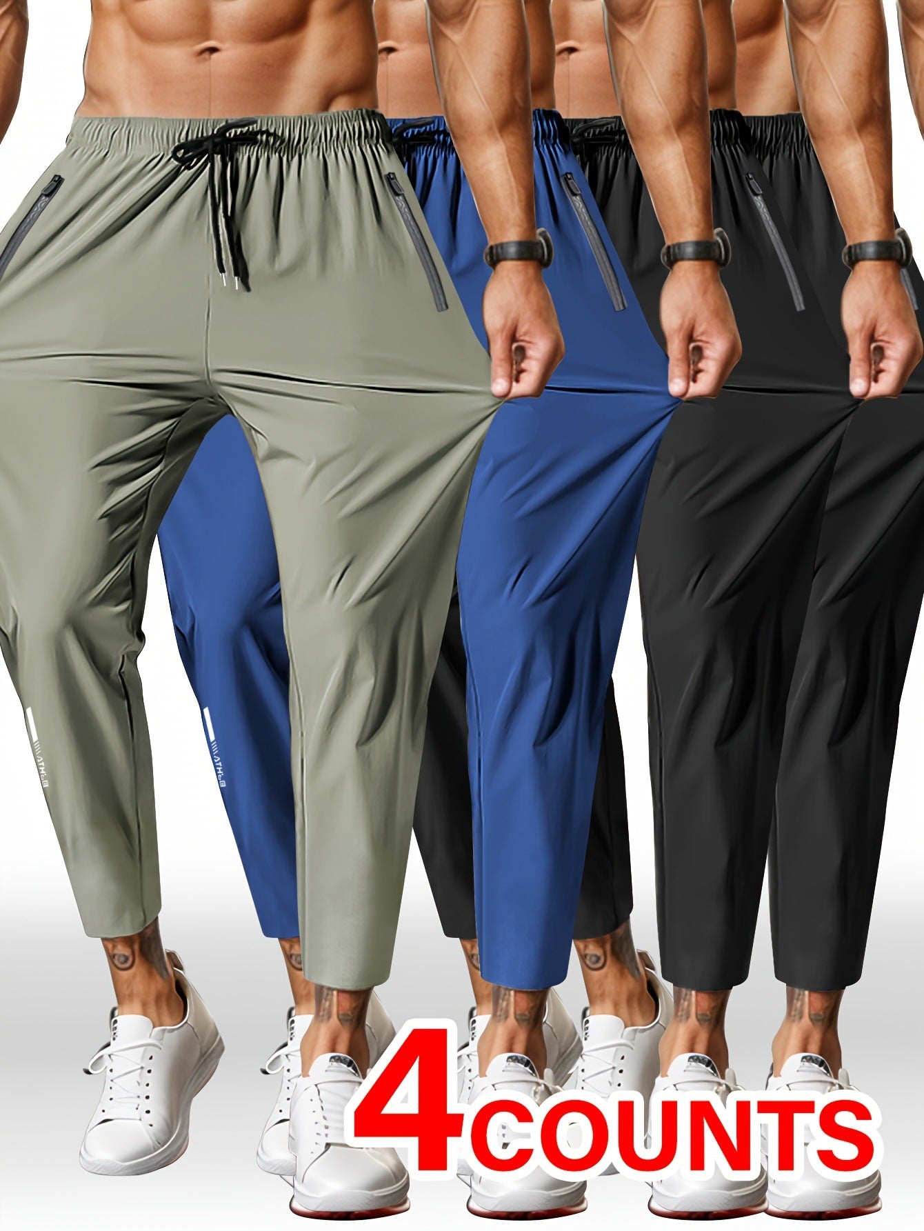 Men's Solid Color Full Length Jogging Pants In Nylon Fabric With Zipper Detail For Sport Style
