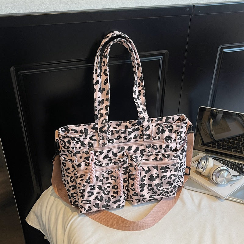 Leopard Print Corduroy Square Tote Bag For Women With Sewing Thread Detail And Single Shoulder Strap