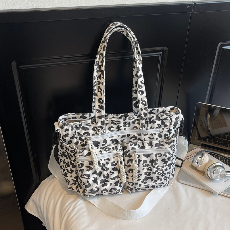 Leopard Print Corduroy Square Tote Bag For Women With Sewing Thread Detail And Single Shoulder Strap
