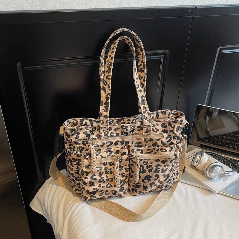 Leopard Print Corduroy Square Tote Bag For Women With Sewing Thread Detail And Single Shoulder Strap
