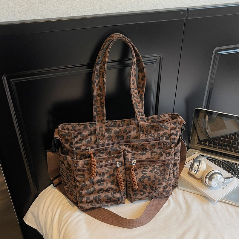 Leopard Print Corduroy Square Tote Bag For Women With Sewing Thread Detail And Single Shoulder Strap
