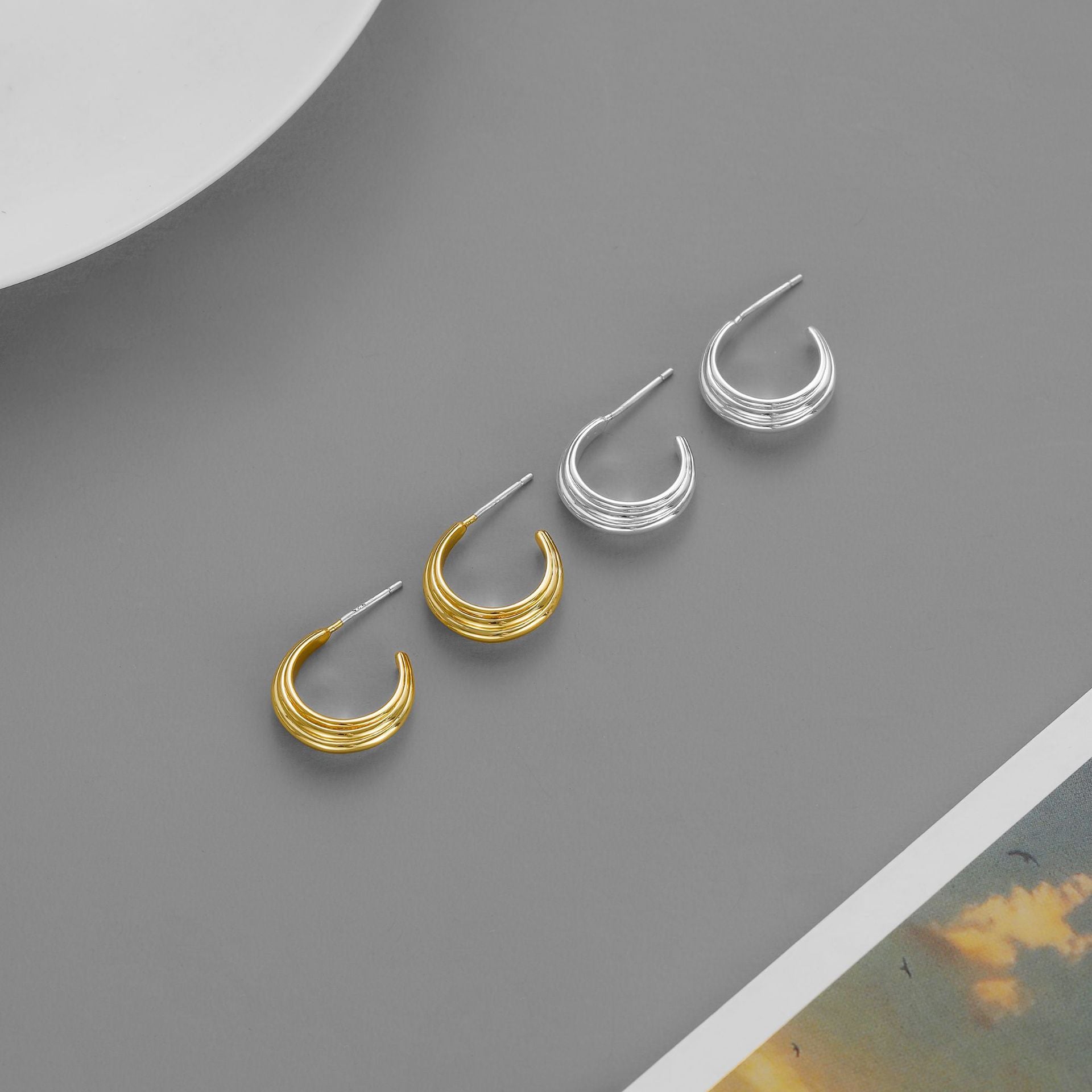 C Shape Twist Stud Earrings In Brass With 18K Real Gold Plated, Featuring 925 Sterling Silver Posts, Retro Style For Women