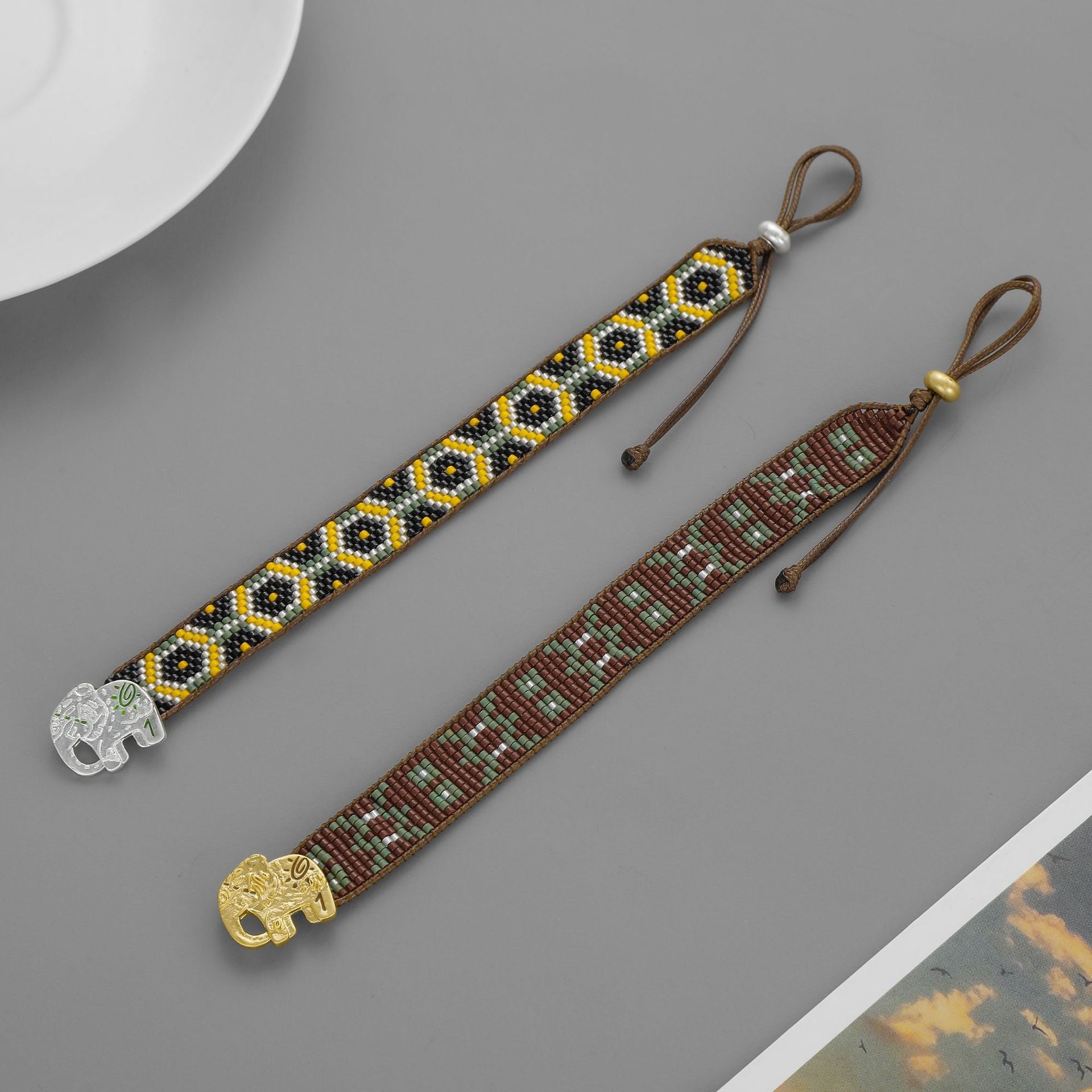 Unisex Ethnic Style Copper Bracelet With Elephant Pattern Featuring Rope Chain And Seed Bead Beading