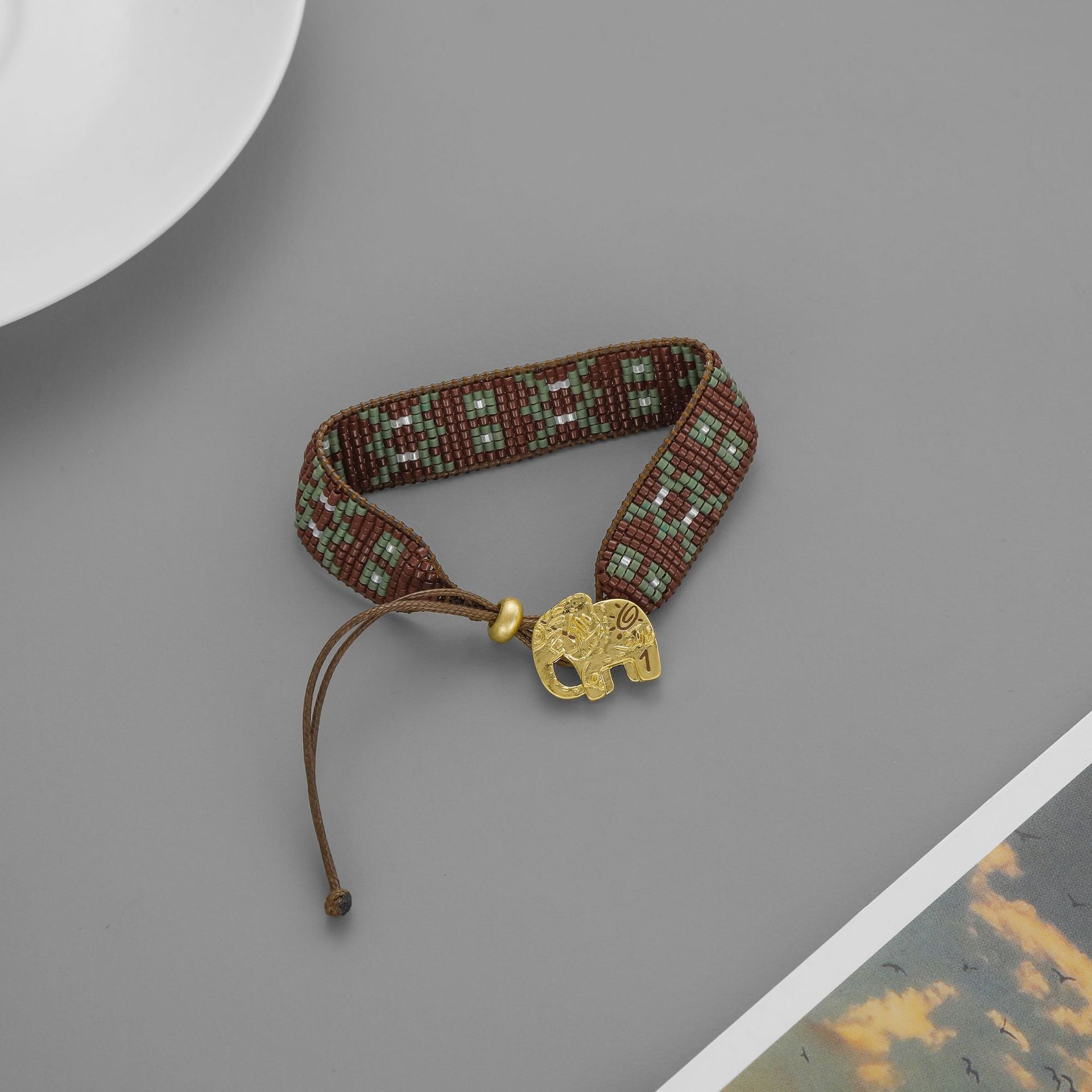 Unisex Ethnic Style Copper Bracelet With Elephant Pattern Featuring Rope Chain And Seed Bead Beading