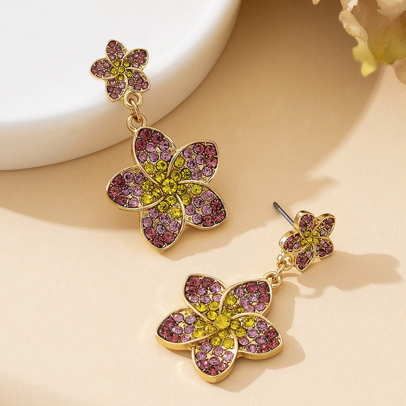 Gold Flowers Earrings For Women With Alloy And Rhinestones, Featuring 304 Stainless Steel Ear Pins