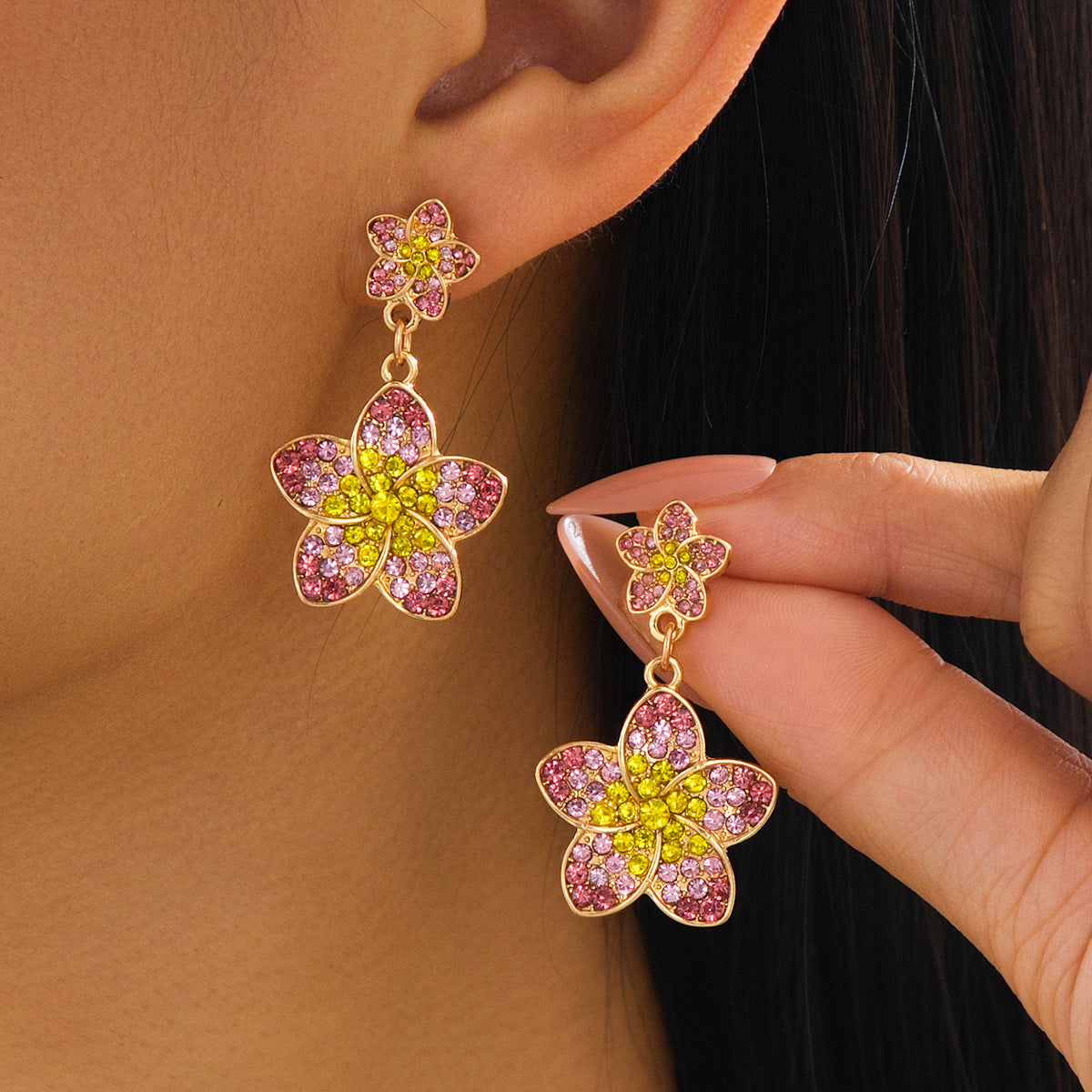 Gold Flowers Earrings For Women With Alloy And Rhinestones, Featuring 304 Stainless Steel Ear Pins