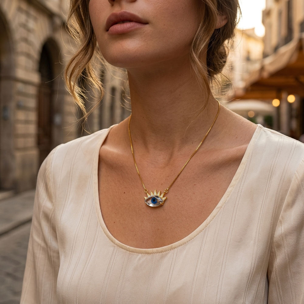 Devil's Eye Necklace With Inlay Crystal Glass, Electroplated Copper Featuring 18K Real Gold Plated Box Chain In IG Style