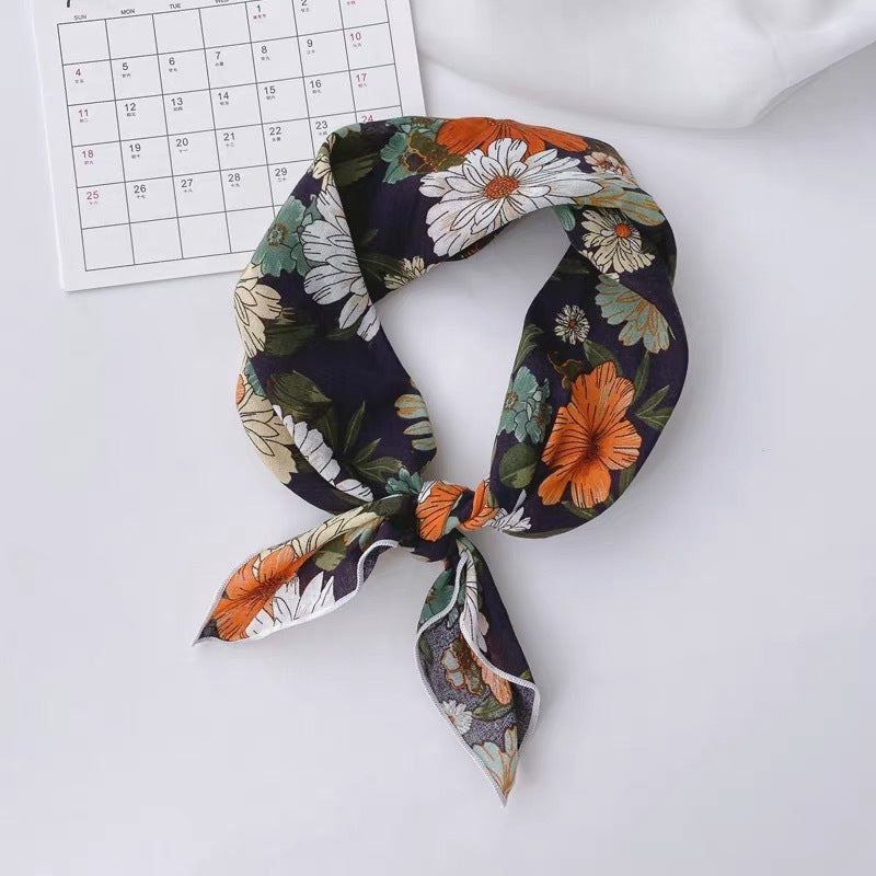 New Style Cotton And Linen Bandana With Flowers Pattern In Airy Blue, Perfect For Spring & Summer