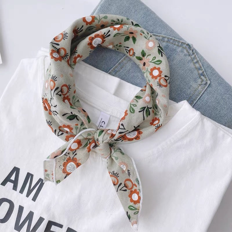 New Style Cotton And Linen Bandana With Flowers Pattern In Airy Blue, Perfect For Spring & Summer