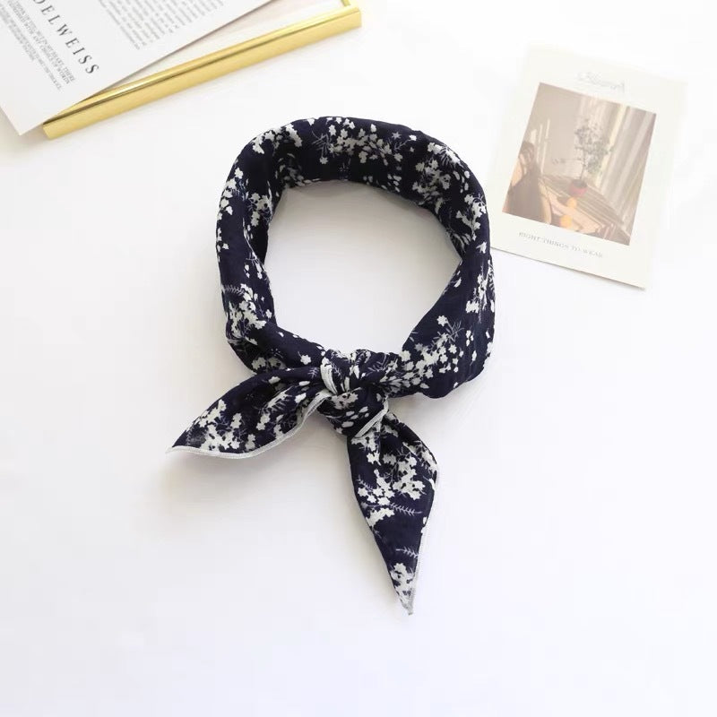 New Style Cotton And Linen Bandana With Flowers Pattern In Airy Blue, Perfect For Spring & Summer