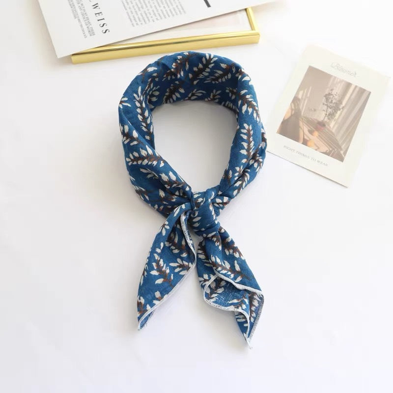 New Style Cotton And Linen Bandana With Flowers Pattern In Airy Blue, Perfect For Spring & Summer